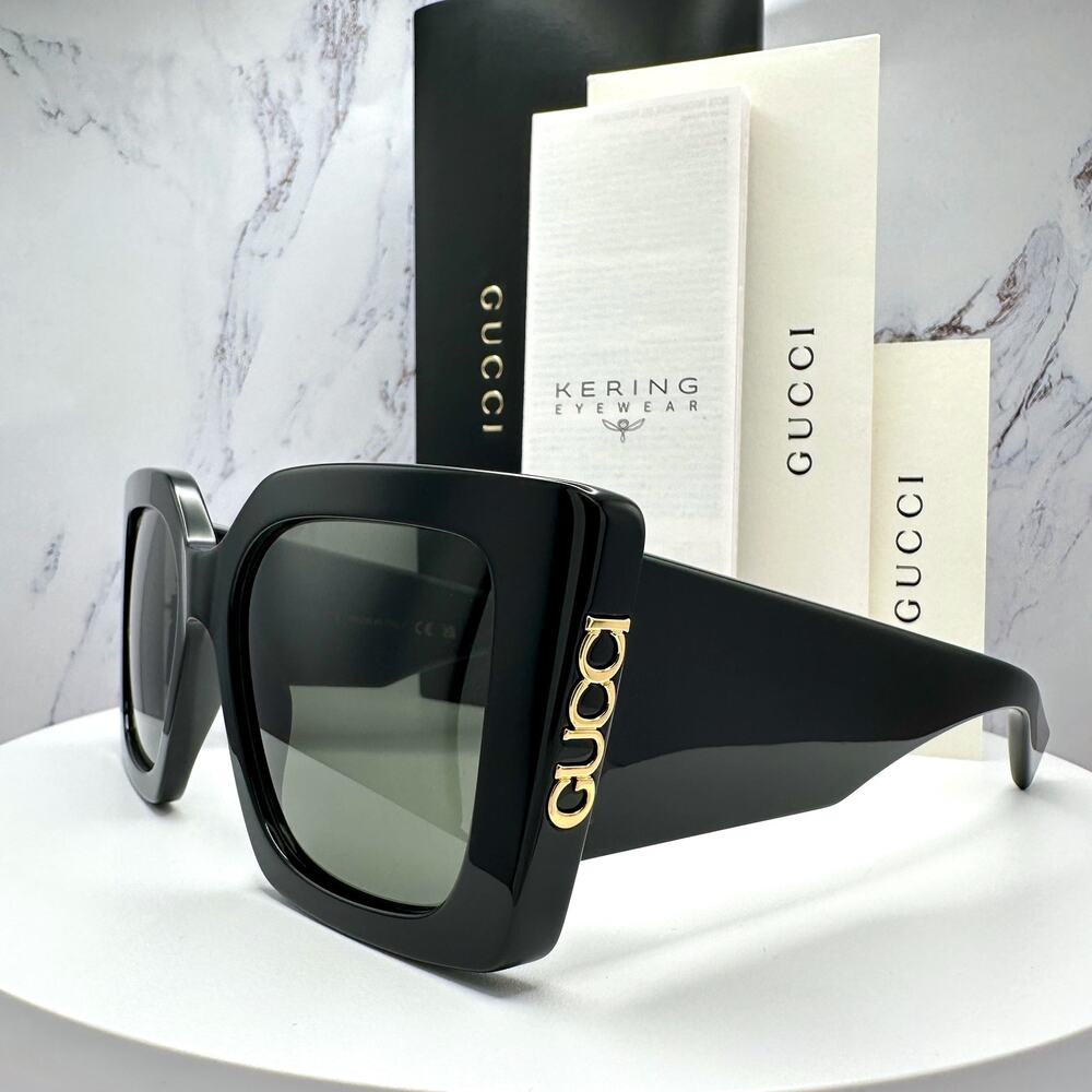 New GUCCI Sunglasses Black Gold Logo Square Oversized 51mm Grey Lens Womens